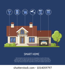 Smart Home and internet of things concept. Smart house controls security cam, lighting, radiator and music center flat icons. Isolated vector illustration