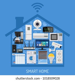 Smart Home and internet of things concept. Smart House controls devices like security cam, lighting, air conditioning, radiator and music center flat icons. Isolated vector illustration