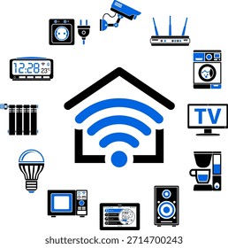 Smart Home und Internet der Dinge Smart Home und Internet der Dinge Konzept. Smart House steuert Geräte wie Mikrowelle, Lautsprecher, TV und Sicherheitskamera. Flache Stil zwei Farbsymbole. Isolierte Vektorgrafik