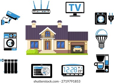 Casa Inteligente e Internet das Coisas Casa Inteligente e Internet das Coisas Conceito. A Smart House controla dispositivos como micro-ondas, alto-falante, tv e câmera de segurança. Ícones de duas cores de estilo plano. Ilustração isolada de vetor