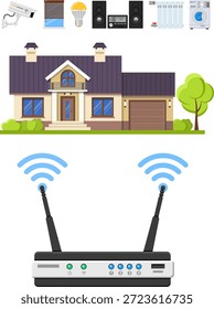 Smart Home und Internet der Dinge Smart Home und Internet der Dinge Konzept. Router steuert Smart House wie Sicherheits-Cam, Beleuchtung, Heizkörper und Musik-Center flache Symbole. Isolierte Vektorgrafik