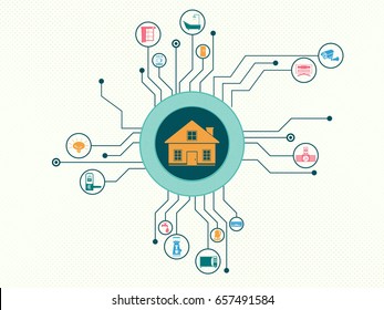 Smart home and Internet of Things concept. A house in home pod with smart appliance technology inside the electronic circuit.