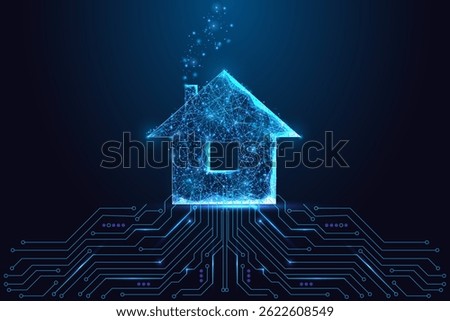 Smart home and internet of things concept with glowing digital house connected to circuit board on dark blue background. Futuristic low poly style, abstract vector illustration.