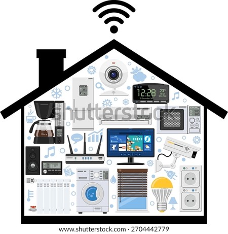 Smart Home and internet of things concept. Smart House controls devices like security cam, lighting, air conditioning, radiator and music center flat icons. Isolated vector illustration