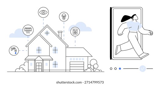 Hogar inteligente, internet de las cosas, conectividad, control remoto, seguridad en el hogar, eficiencia energética. Una casa conectada con dispositivos inteligentes y un usuario de smartphone. Tema de hogar inteligente e internet de las cosas