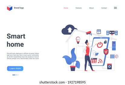 Internet doméstico inteligente de cosas tecnología digital ilustraciones vectoriales. Personaje de usuario de caricatura de pie con smartphone para controlar la automatización del sistema de la casa inteligente, página de inicio de conexión inalámbrica
