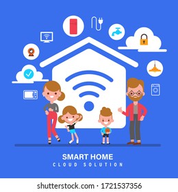 Hogar inteligente, Internet de cosas, IOT, Familia con la ilustración de concepto de hogar inteligente. Caricatura de diseño plano.
