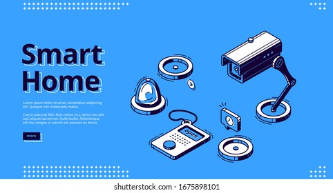 Smart home, internet of things isometric web banner. Monitoring camera and smart house equipment and services for home control, vector technology illustration, line art landing page