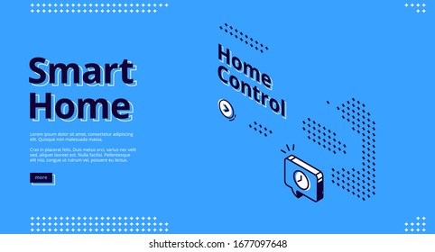 Hogar inteligente, Internet de cosas banner web isométrico. Visualización con interfaz, equipo y servicio para el hogar, ilustración vectorial, página de inicio de líneas de arte
