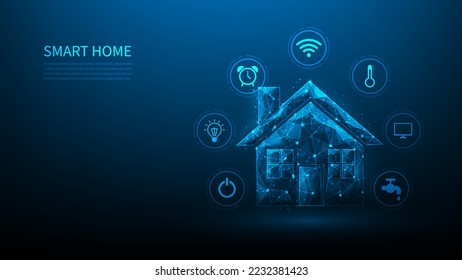 smart home internet of things on blue dark background. home control system and technology icons. house control device. vector illustration fantastic hi tech design. iot automation concept.