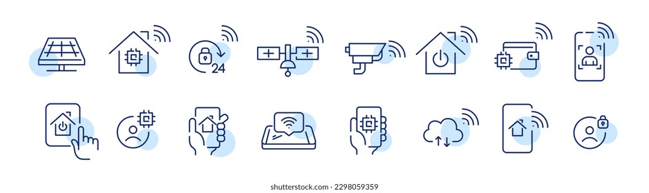 Smart home internet of things technologies. Cloud data storage, remote control. Pixel perfect, editable stroke line icons set