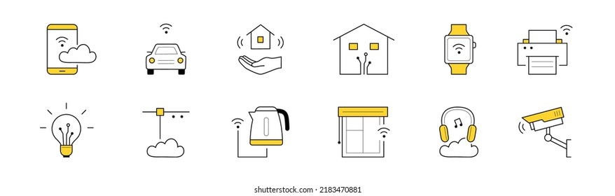 Smart home, internet of things technology outline icons. Vector doodle symbols of mobile phone, wireless watch, headphones, printer, remote control of light, car, camera