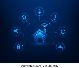 smart home internet of things technology on blue background. home automation system. mobile control electronic device in house. iot concept with icon. vector illustration fantastic design.