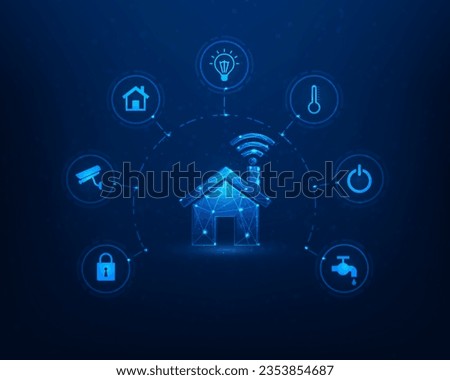 smart home internet of things technology on blue background. home automation system. mobile control electronic device in house. iot concept with icon. vector illustration fantastic design.
