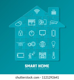 Smart Home Inverted Puzzle Creative Concept with Most Popular Icons for Home Automation and Internet of Things - Puzzle Pieces House and Logo on Blue Background - Vector Mixed Graphic Design
