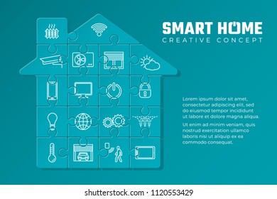 Smart Home Inverted Puzzle Rectangle Creative Concept with Most Popular Icons for Home Automation and Internet of Things - Puzzle Pieces House and Logo on Blue Background - Vector Mixed Graphic Design
