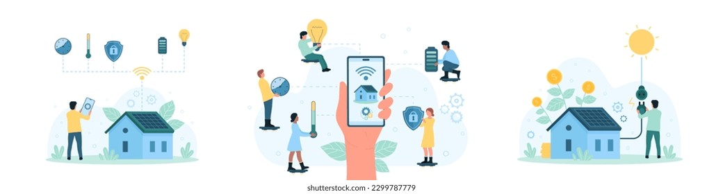 Smart home, IOT administration set vector illustration. Cartoon hand with mobile app in phone monitoring system of building, tiny people control and lock access to lights and electricity, solar panel