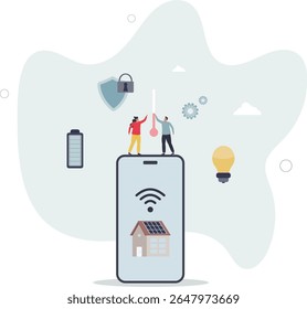 Smart home, IOT administration.mobile app in phone monitoring system of building. character life .