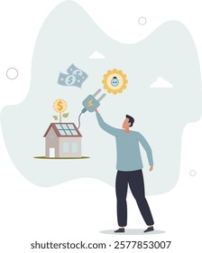 Smart home, IOT administration.savings when using solar energy. environment concept. autonomous energy.flat characters.