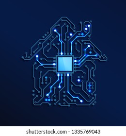 Smart Home or IOT Concept. Blue Circuit House with CPU inside. Future and Innovation Technology Background. Vector Illustration