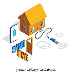 Smart home IOT concept electronics modern house vector isometric illustration, smart security, app distant automated future technology.
