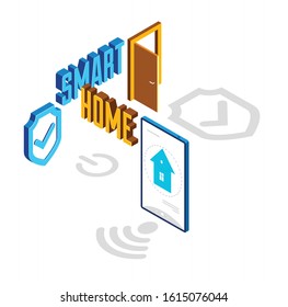 Smart home IOT concept electronics modern house vector isometric illustration, smart security, app distant automated future technology.