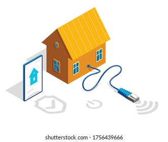 Smart home IOT concept electronics modern house vector isometric illustration, smart security, app distant automated future technology.