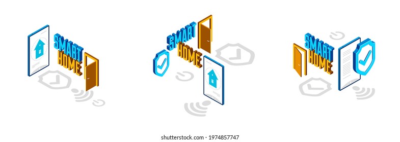 Smart home IOT concept electronics modern house vector isometric illustrations set, smart security, app distant automated future technology.