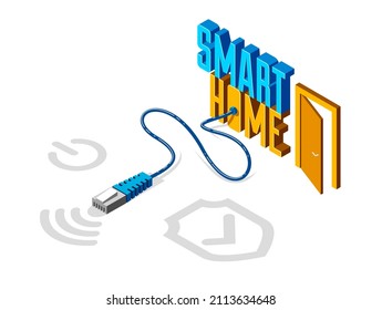 Smart home IOT concept electronics modern house vector isometric illustration, smart security, app distant automated future technology.