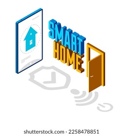 El concepto de IOT para el hogar inteligente es electrónico, moderna ilustración isométrica vectorial de la casa, seguridad inteligente, tecnología de futuro automatizada remota de la aplicación.
