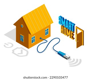 Smart home IOT concept electronics modern house vector isometric illustration, smart security, app distant automated future technology.