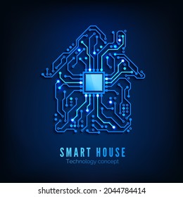 Smart Home or IOT Concept. Future and Innovation Technology Background. Blue Circuit House with CPU inside. Vector Illustration