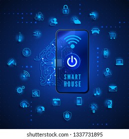 Smart home or IOT concept. House circuit and smart home function icons. Remote monitoring and control smart house from smartphone. Vector illustration on blue background