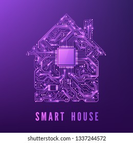 Smart Home or IOT Concept. Purple Circuit House with CPU. Future and Innovation Technology Background. Vector Illustration 