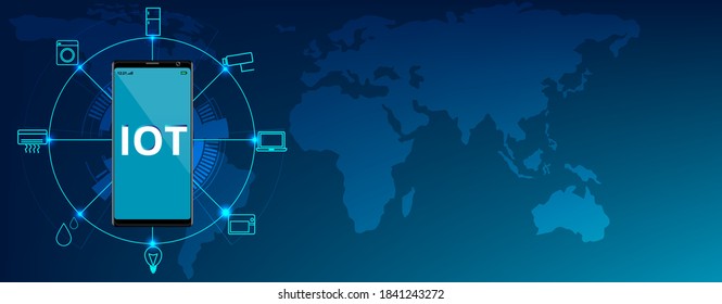 Concepto de Smart Home (IoT). smartphone de banda sonora de red inalámbrica. teléfono Un sistema de automatización del hogar controlará la iluminación, los aparatos, los sistemas de control de acceso a la seguridad y de alarma, la ilustración de los vectores