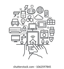 Smart Home (IoT) conceptual illustration. Electronic devices such as washing machines, air conditioner, oven, computer, solar cell etc. connected and controlled from mobile device..