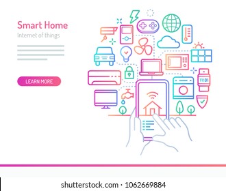 Smart Home (IoT) conceptual illustration. Electronic devices such as washing machines, air conditioner, oven, computer, solar cell etc. connected and controlled from mobile device..