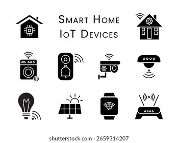 Icono de dispositivos inteligentes para el hogar y el IoT en estilo de silueta sobre fondo blanco