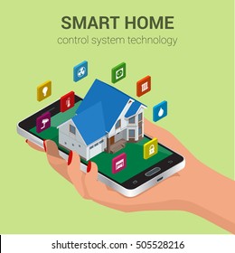El hogar inteligente sin Internet de las cosas controla la comodidad y la seguridad. La mano de teléfono móvil o tableta controla las utilidades domésticas inteligentes y la tecnología de eficiencia energética.Ilustración vectorial isométrica plana 3d.