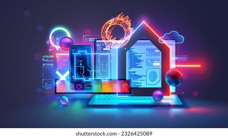 Smart home, IOT phone application setting. Programming scenarios for operation of smart home system. Smart home system development. Engineering, coding on laptop of IOT devices in network Smart Home.