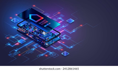 Smart home iot system technology isometric concept. Smart devices in case Smartphone connection with internet. Smart home with AI system controls IOT system through smartphone. IOT home network.