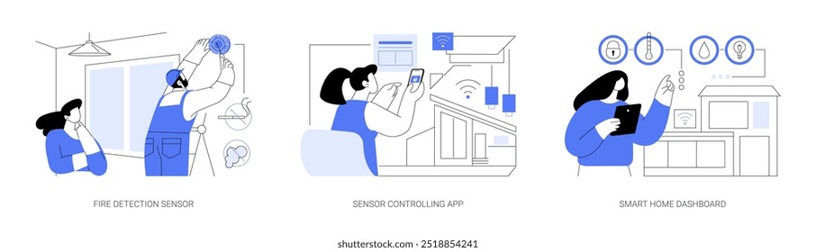 Smart home isolated cartoon vector illustrations set. Fire detection sensor installation, multisensor controlling app, IoT, person use tablet with digital house dashboard vector cartoon.