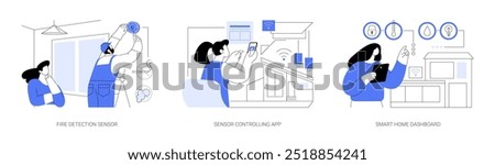 Smart home isolated cartoon vector illustrations set. Fire detection sensor installation, multisensor controlling app, IoT, person use tablet with digital house dashboard vector cartoon.