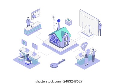 Smart Home isometrisches Konzept im Umriss-Isometrie-Design für Web. Menschen überwachen und steuern Sicherheitssysteme, Überwachungskameras, Geräte und andere Sensoren im Haus. Vektorillustration.