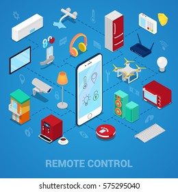 Smart Home Isometric Concept. Remote Control for House Appliances with Mobile Phone. Vector 3d flat illustration