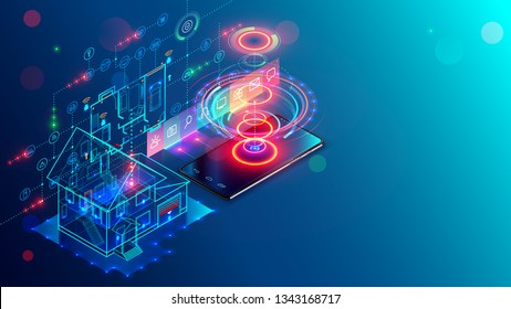 Smart home isometric concept. System control of iot. Internet things in building development and mobile app of monitoring appliances and security system. Automation remote control electronic devices