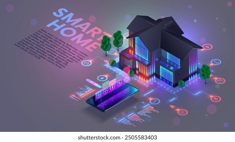 Isometrischer konzeptioneller Hintergrund für Smart Home. IOT oder Internet der Dinge Haus-System. Smart Home-Verbindung und Steuerung mit Geräten über das Heimnetzwerk. Telefonsteuerung für Haushaltsgeräte im Smart Home.