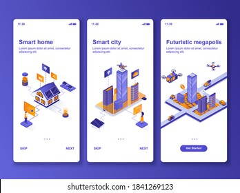 Smart home isometric design kit. Smart city technology, futuristic megapolis templates for mobile app. Home automation system UI UX onboarding screens. Vector illustration with tiny people characters.