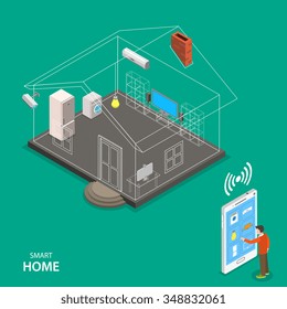 Smart Home Isometric Flat Vector Concept. A Man Using Smart Phone Is Managing Appliance Of His House.