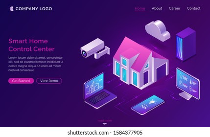 Smart home isometric, internet of things concept vector illustration. Control center with surveillance monitoring camera, computer and laptop, home and cloud icon purple banner, ultraviolet website